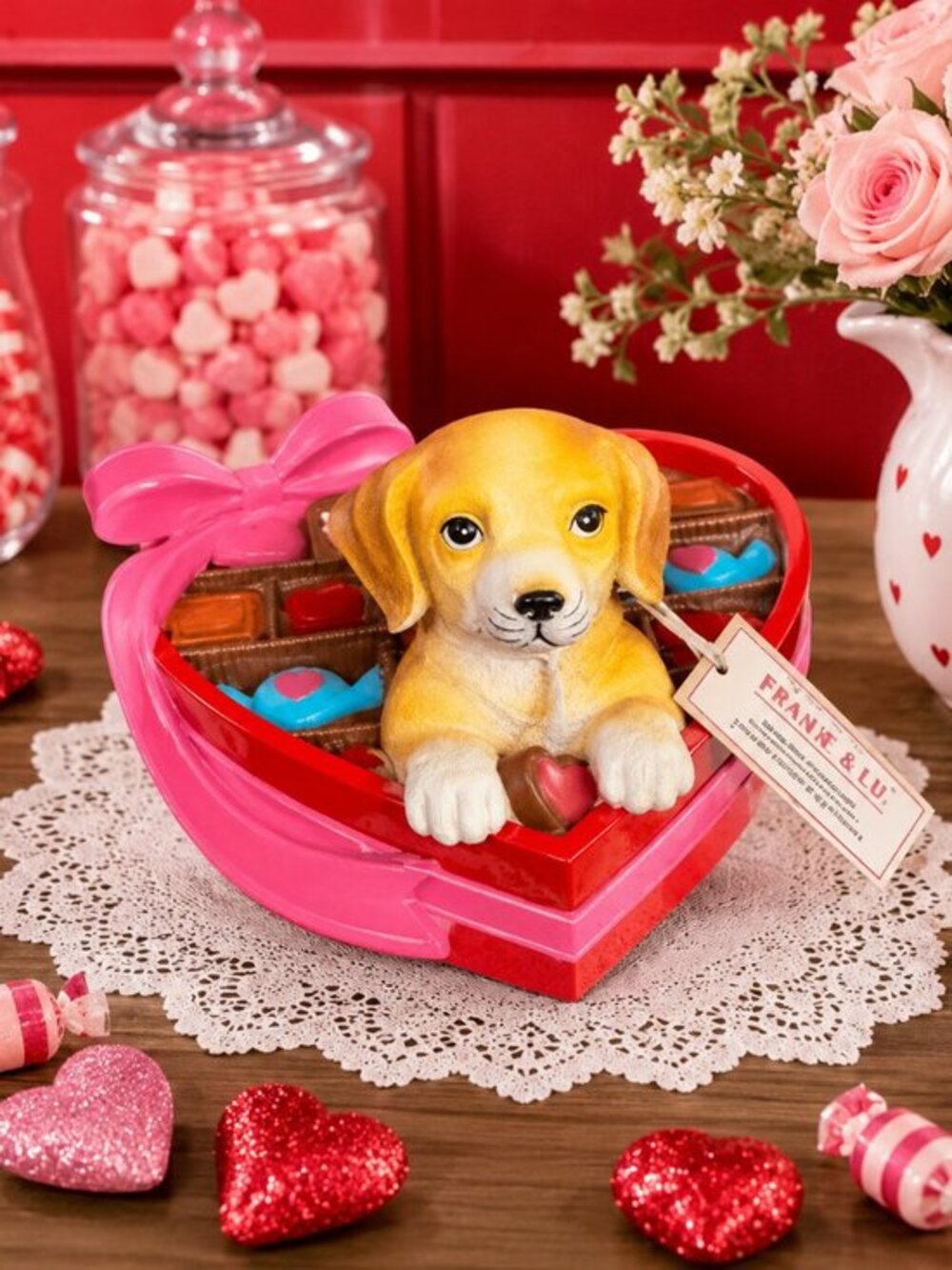 Bella Lux Puppy Heart Chocolate Box Figurine Valentine Decor NWT